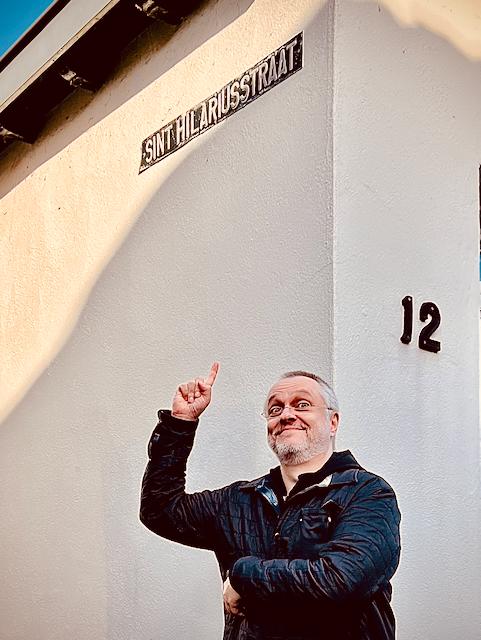 Florian pointing at Streetsign: St. Hilarious